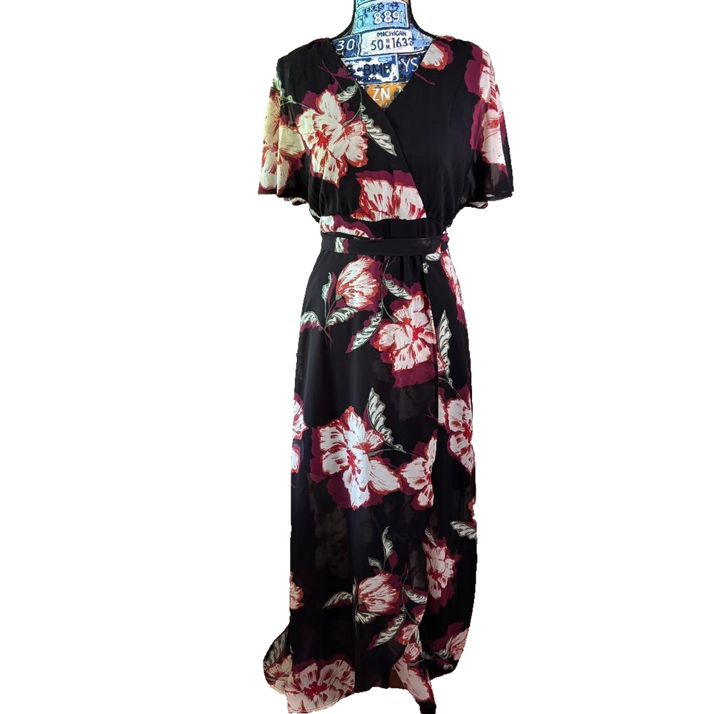 Luxology Maxi Dress Black Floral Short Sleeve, Lined Size 6 Boho Whimsigoth
